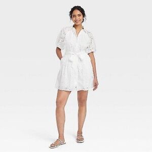 NWT Eyelet Balloon Sleeve Mini Shirtdress - Size S